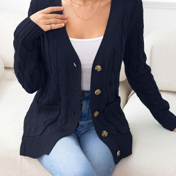 Vtg Pure Wool Aran Cable Knit Cardigan Sweater - Navy - Picture 14 of 14